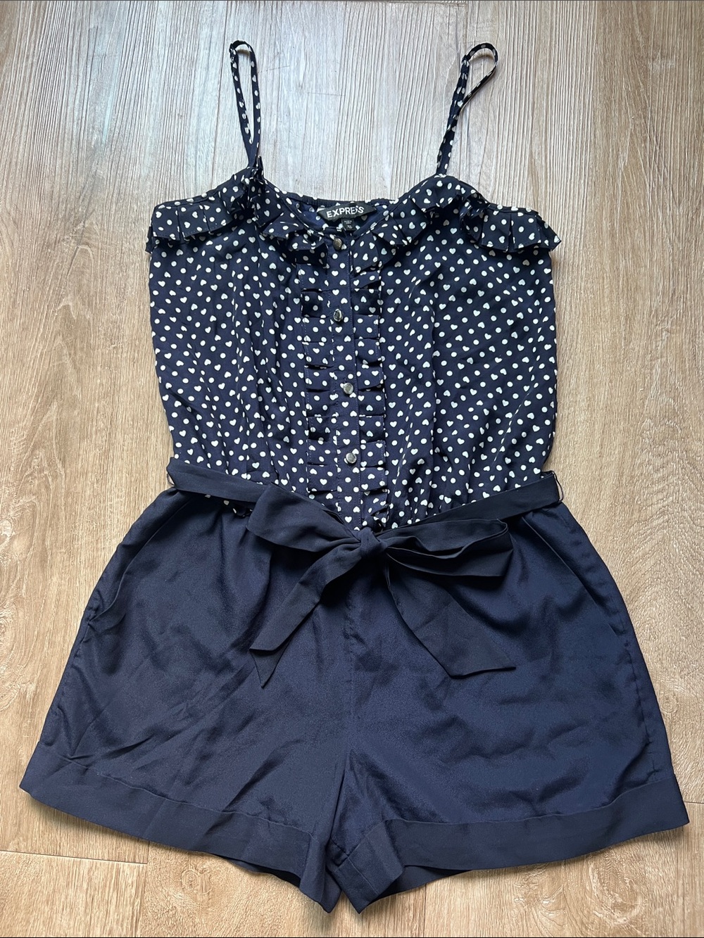 Express Women’s Navy Blue and White Polka Dot Spaghetti Strap Romper Size XS
